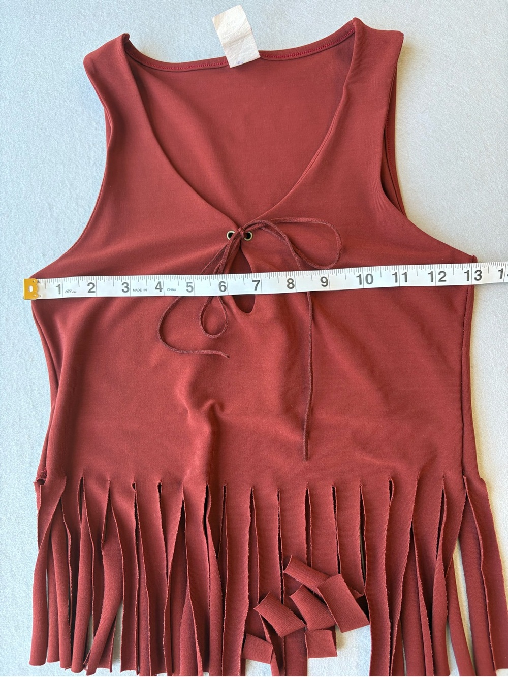 Y2K Vintage Made in USA French Kiss Brown Fringe V-Neck Tank Top with Tie Sz M - Picture 4 of 7